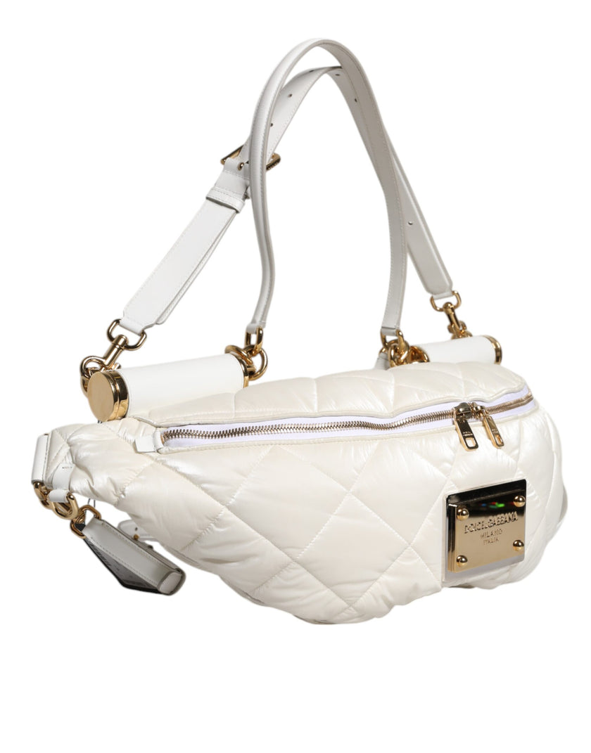 Dolce & Gabbana White Quilted Logo Plaque Belt Waist Fanny Pack Bag