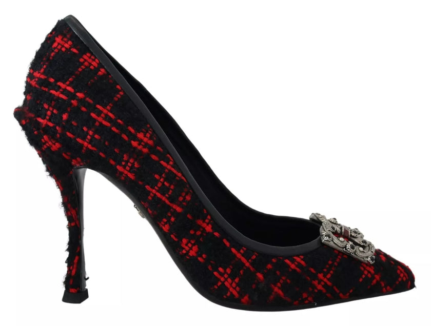 Dolce & Gabbana Red Black Tweed DG Amore Heels Pumps Shoes
