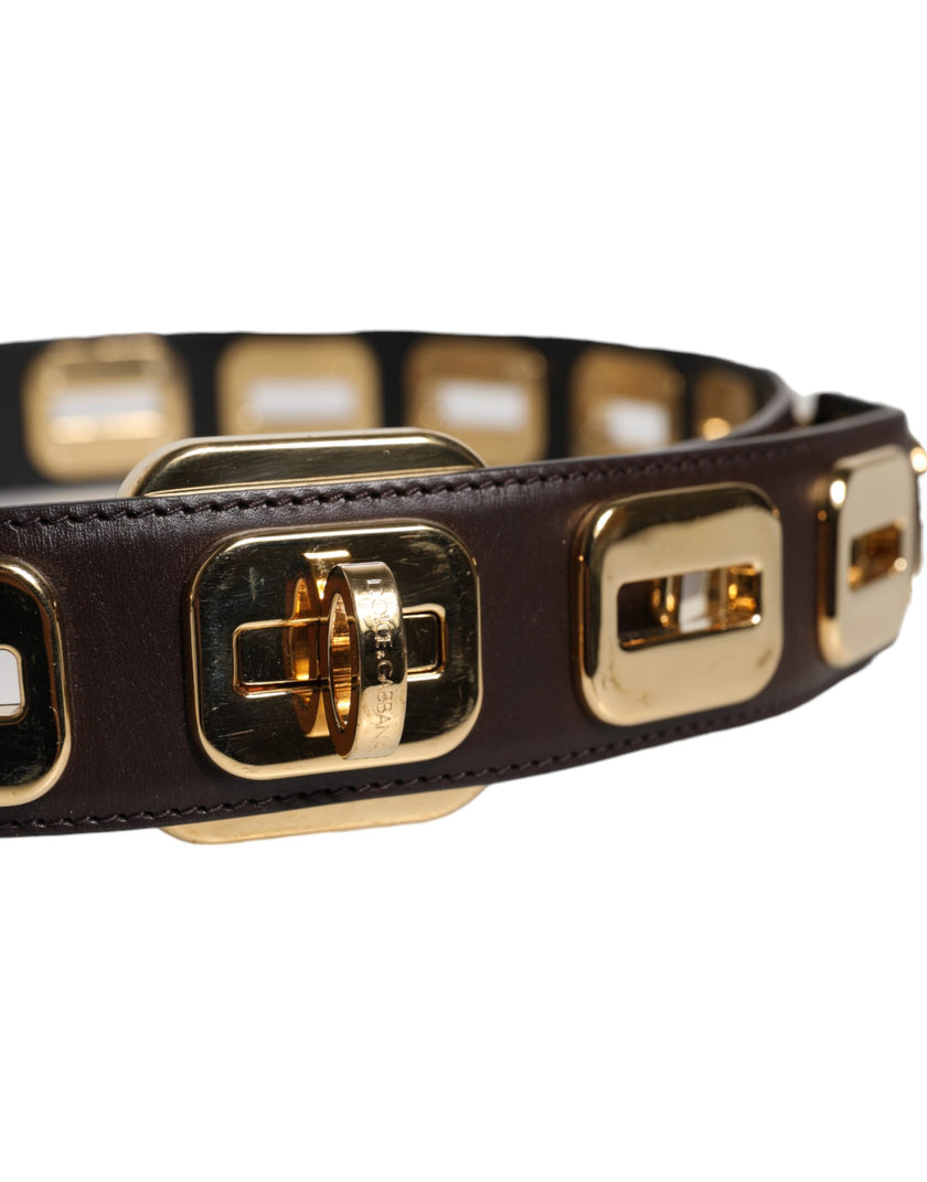 Dolce & Gabbana Dark Brown Leather Gold Rotating Buckle Belt