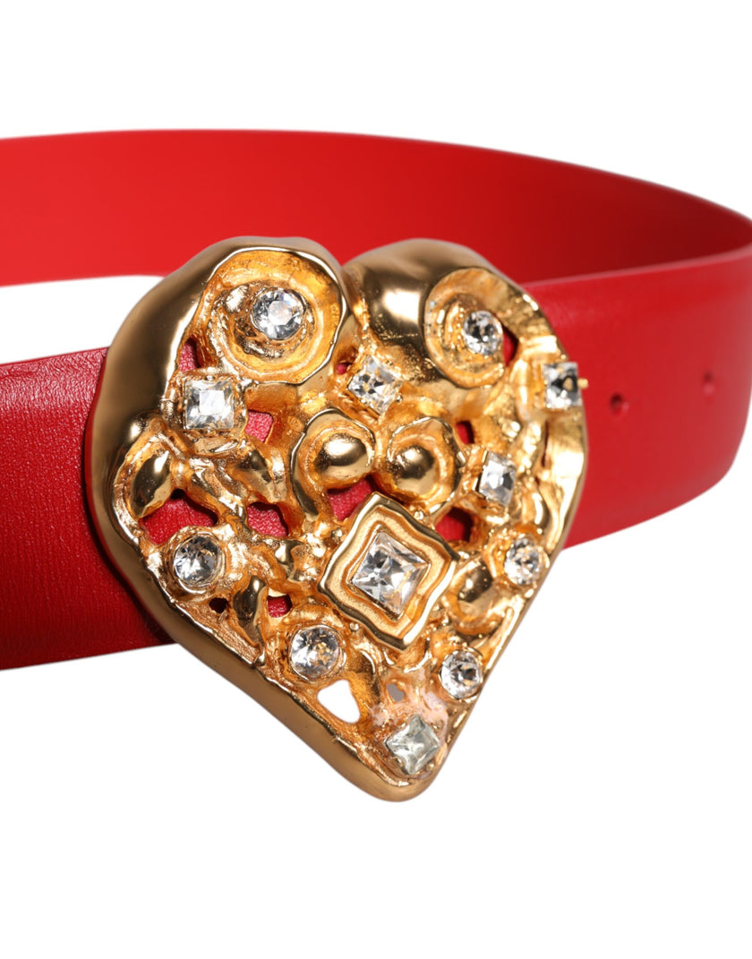 Dolce & Gabbana Red Calf Leather Embellished Metal Buckle Belt