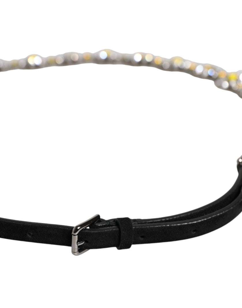Dolce & Gabbana Black Leather Daisy Crystal Embellish Waist Belt