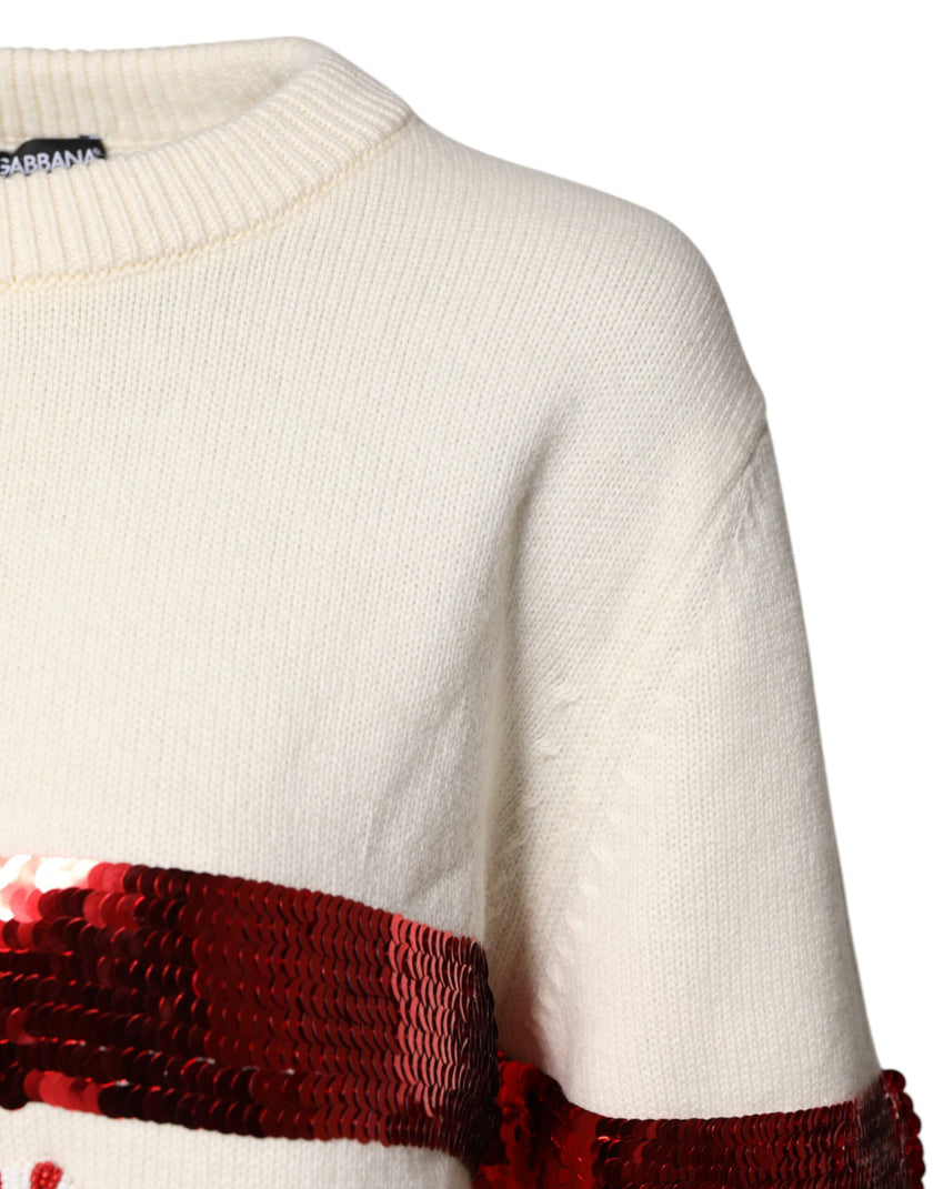 Dolce & Gabbana White Sequined Crew Neck Pullover Sweater