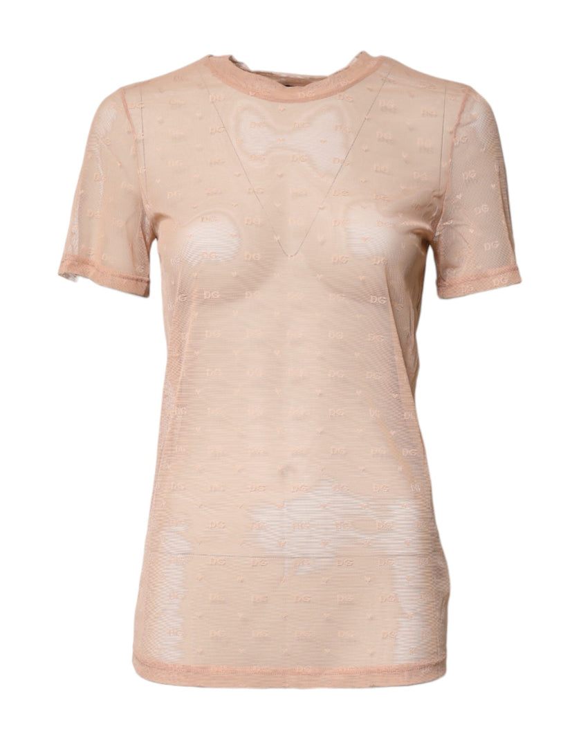 Dolce & Gabbana Beige Nylon Sheer Logo Monogram Crew Neck Top
