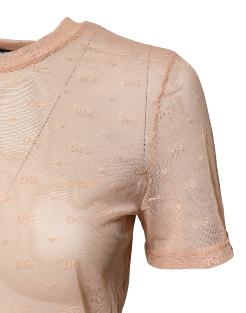 Dolce & Gabbana Beige Nylon Sheer Logo Monogram Crew Neck Top