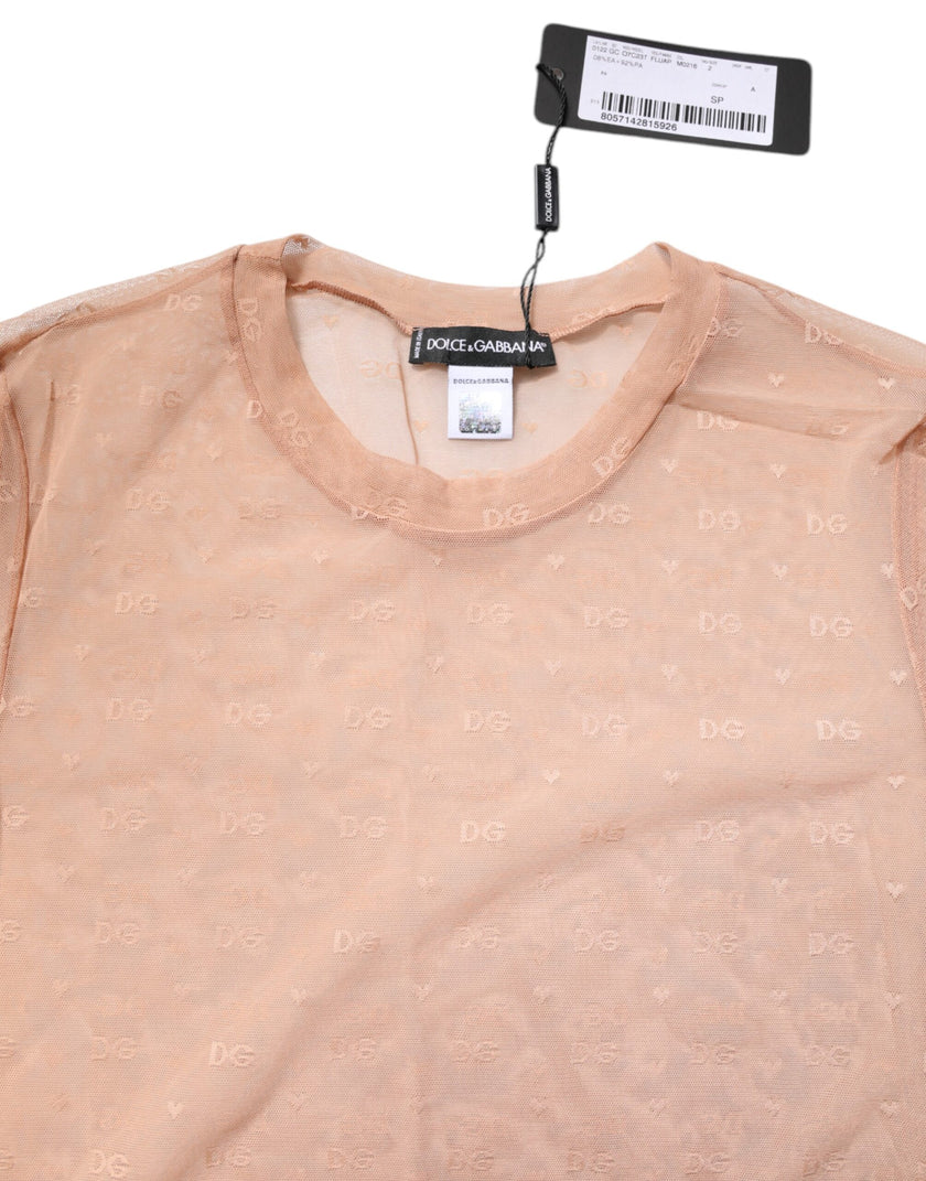 Dolce & Gabbana Beige Nylon Sheer Logo Monogram Crew Neck Top
