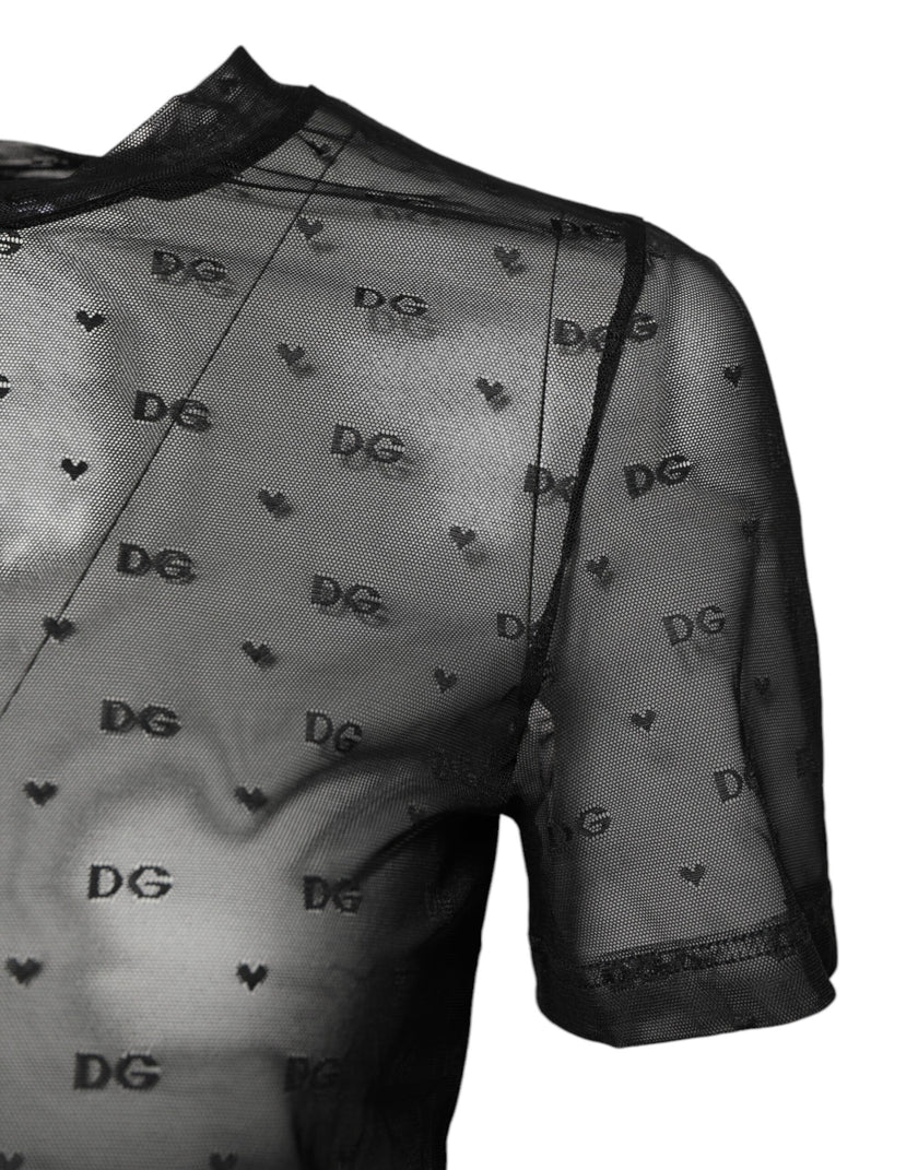 Dolce & Gabbana Black Nylon Sheer Logo Monogram Crew Neck Top