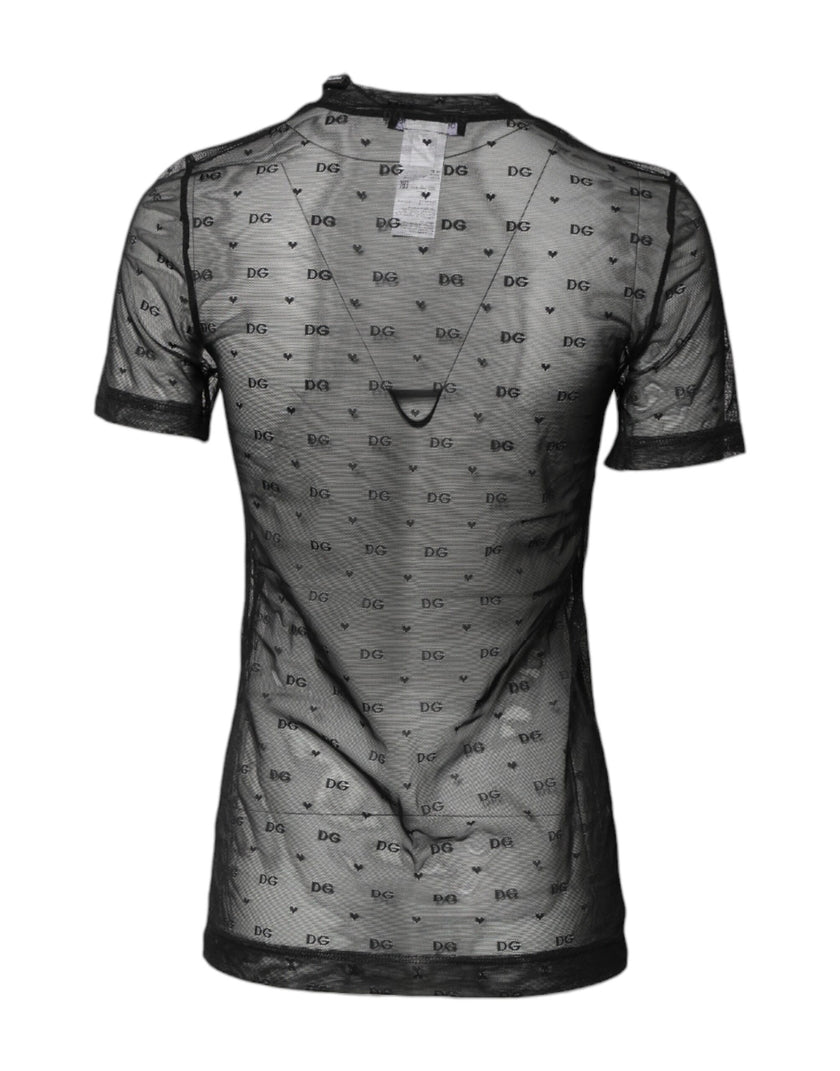 Dolce & Gabbana Black Nylon Sheer Logo Monogram Crew Neck Top