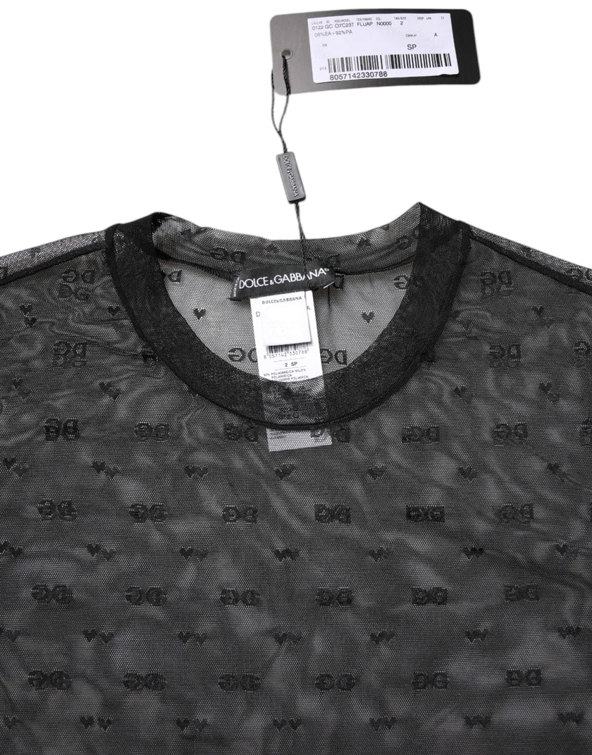 Dolce & Gabbana Black Nylon Sheer Logo Monogram Crew Neck Top