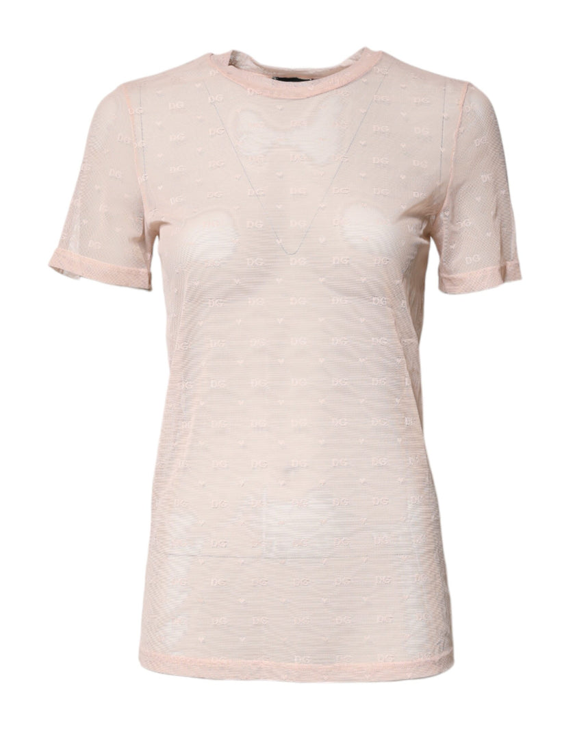 Dolce & Gabbana Beige Nylon Sheer Logo Monogram Crew Neck Top