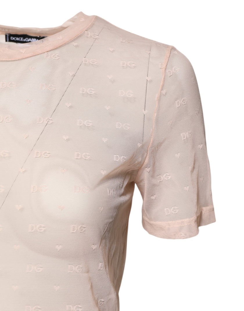 Dolce & Gabbana Beige Nylon Sheer Logo Monogram Crew Neck Top