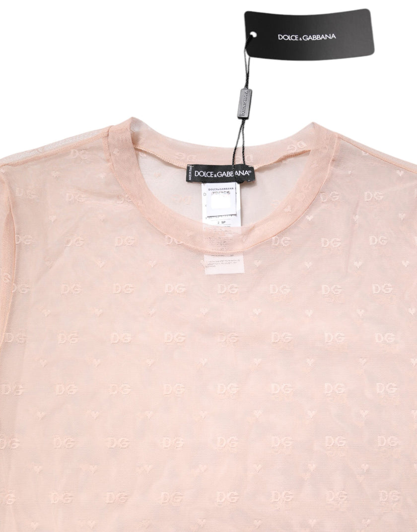 Dolce & Gabbana Beige Nylon Sheer Logo Monogram Crew Neck Top