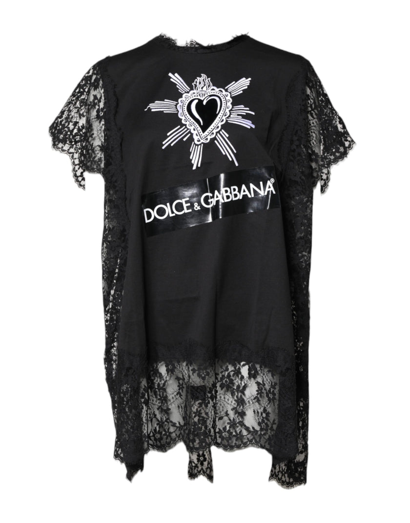 Dolce & Gabbana Black Lace Sheer Sacred Heart Crew Neck Top