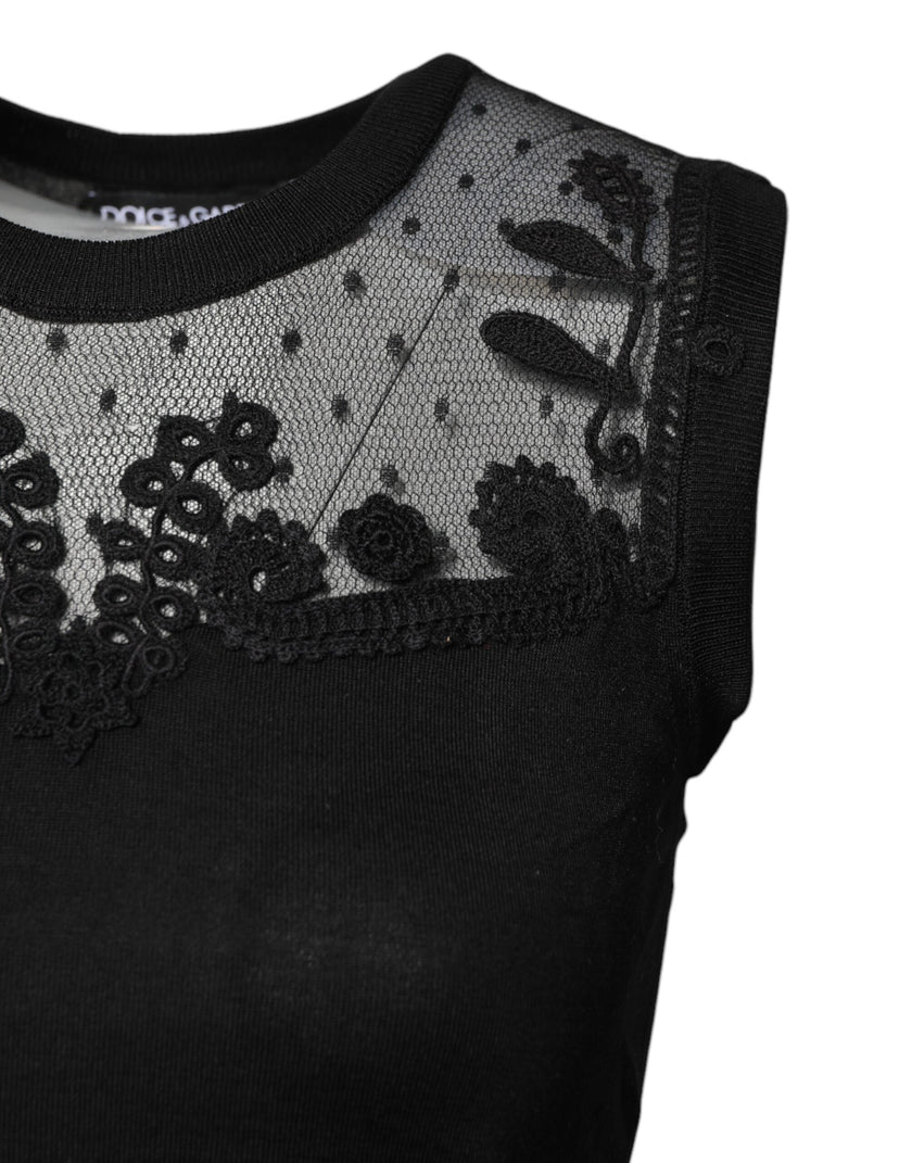 Dolce & Gabbana Black Lace Sheer Crew Neck Sleeveless Top