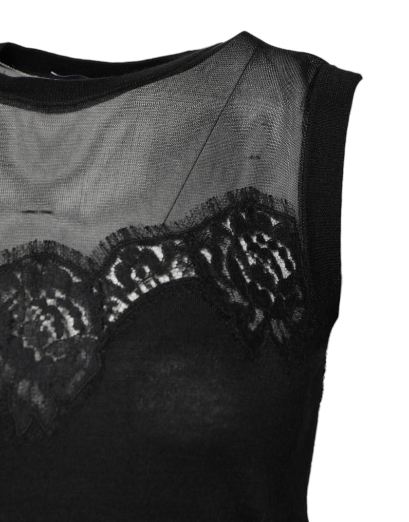 Dolce & Gabbana Black Lace Sheer Crew Neck Sleeveless Top