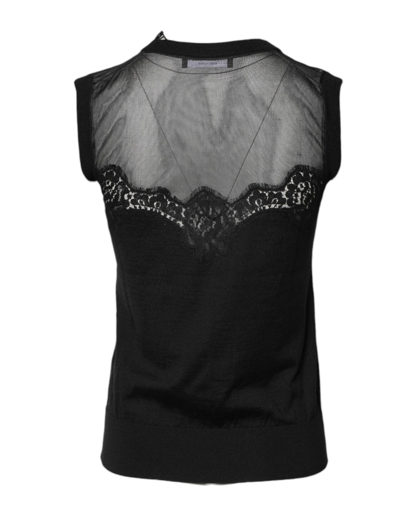 Dolce & Gabbana Black Lace Sheer Crew Neck Sleeveless Top