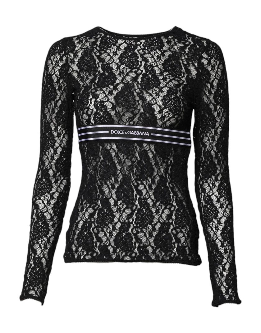 Dolce & Gabbana Black Floral Lace Long Sleeves Pullover Top