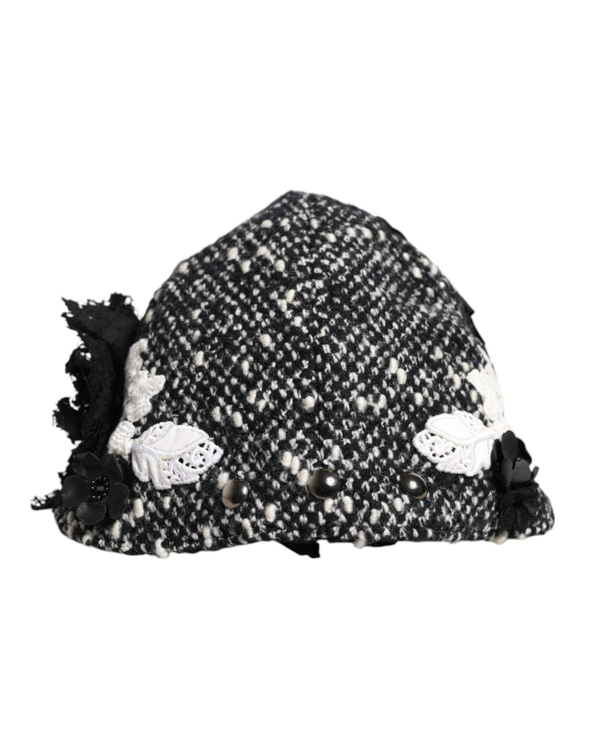 Dolce & Gabbana Black Wool White Floral Embellished Cloche Hat