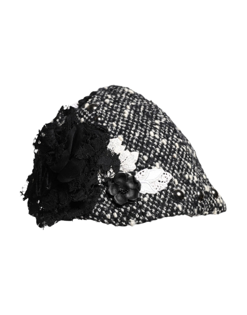 Dolce & Gabbana Black Wool White Floral Embellished Cloche Hat
