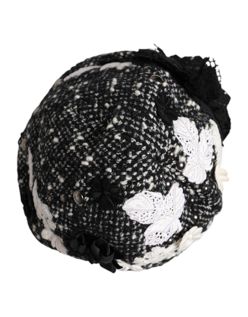 Dolce & Gabbana Black Wool White Floral Embellished Cloche Hat