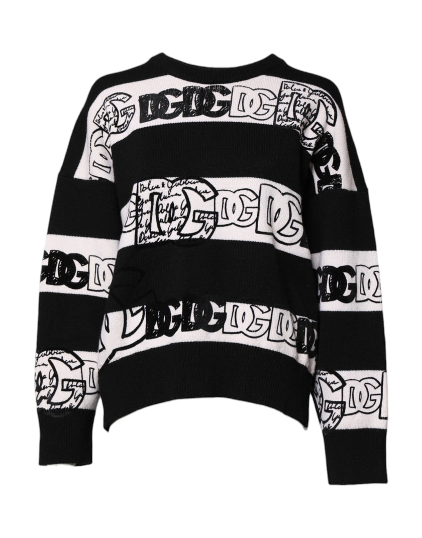 Dolce & Gabbana Black White Logo Print Wool Pullover Sweater
