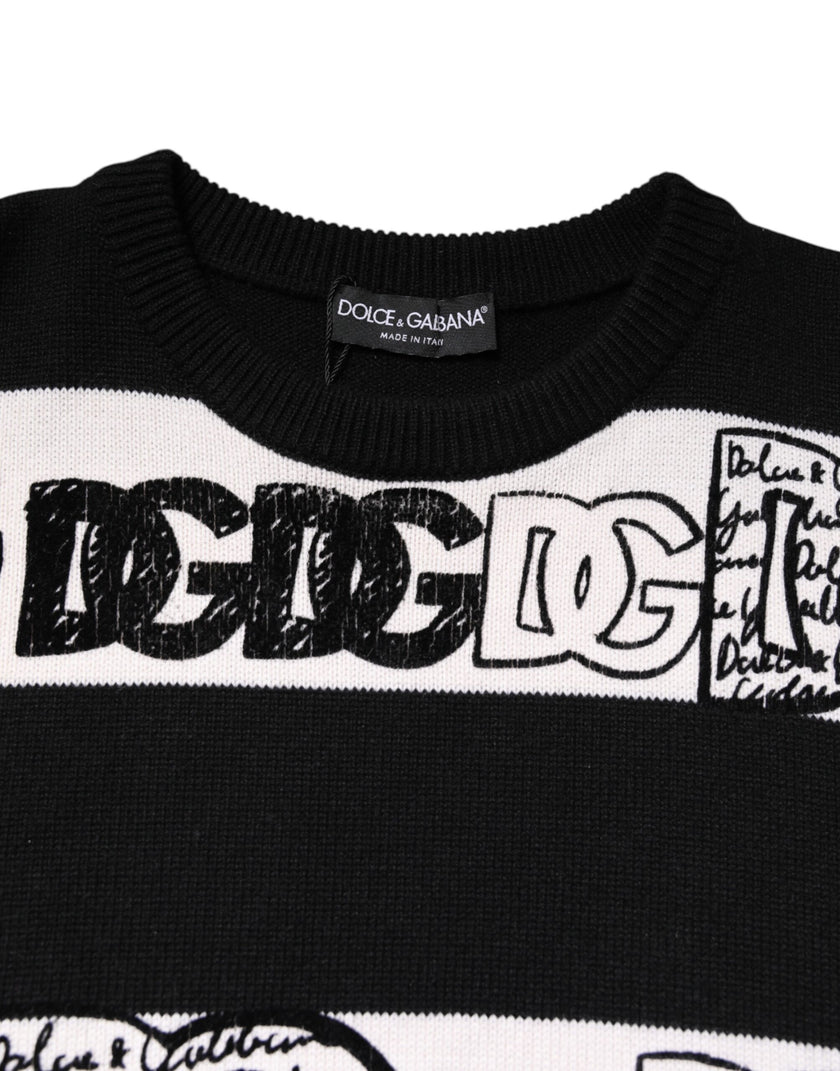 Dolce & Gabbana Black White Logo Print Wool Pullover Sweater