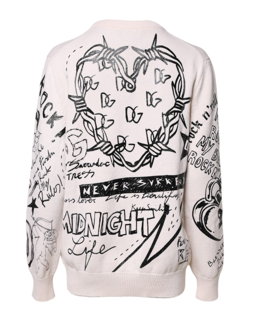 Dolce & Gabbana White Black Logo Print Women Pullover Sweater