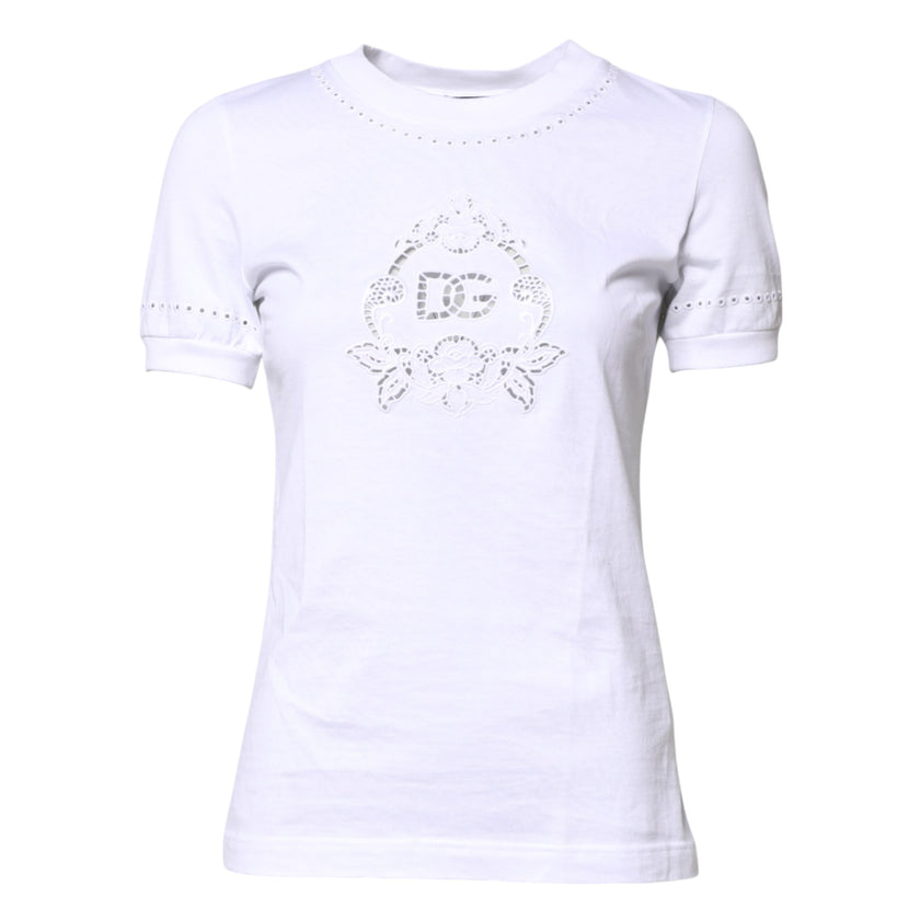Dolce & Gabbana White Cotton Floral Logo Crew Neck T-shirt