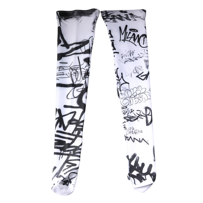 Dolce & Gabbana White Graffiti Cotton Over Calf Stockings Socks