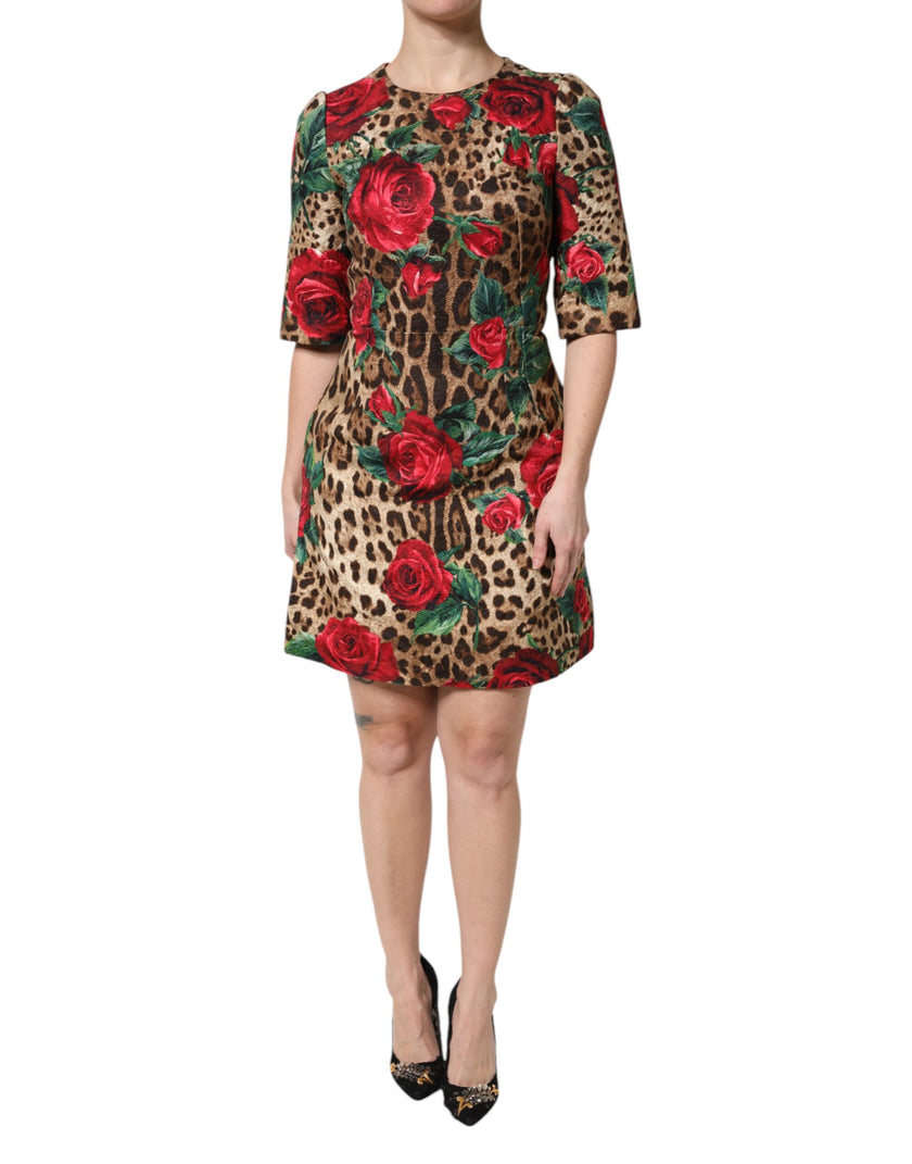 Dolce & Gabbana Brown Rose Leopard Short Sleeves Mini Dress