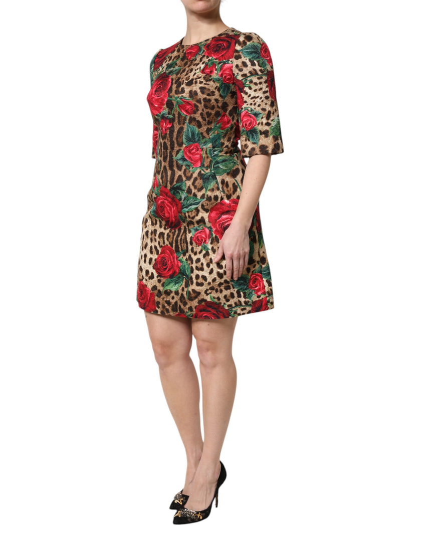 Dolce & Gabbana Brown Rose Leopard Short Sleeves Mini Dress