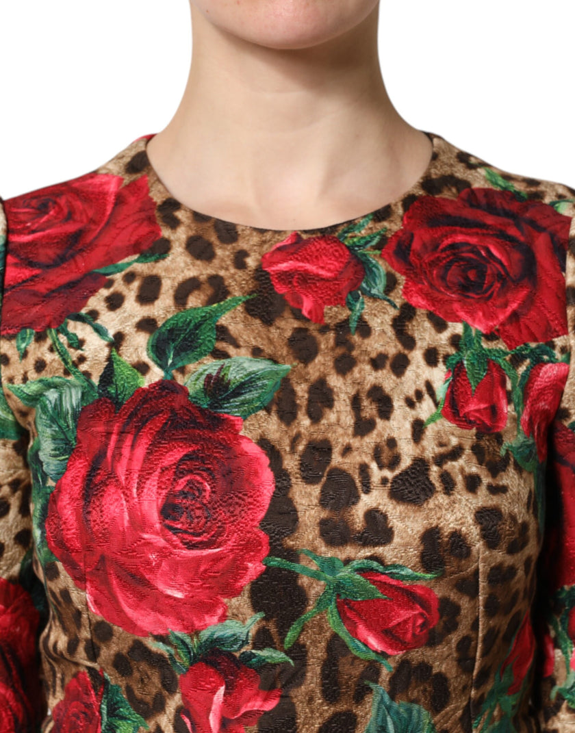 Dolce & Gabbana Brown Rose Leopard Short Sleeves Mini Dress