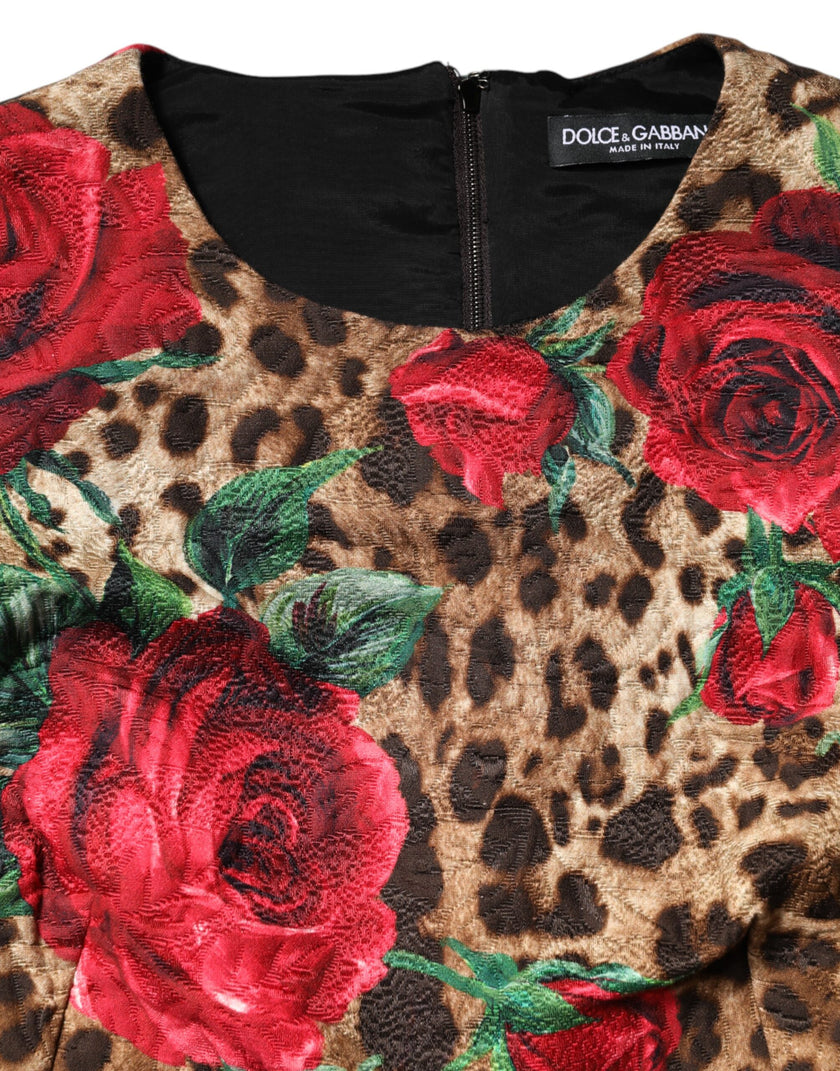 Dolce & Gabbana Brown Rose Leopard Short Sleeves Mini Dress