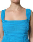 Dolce & Gabbana Blue Mesh Trim Ruched Tulle Sheath Dress