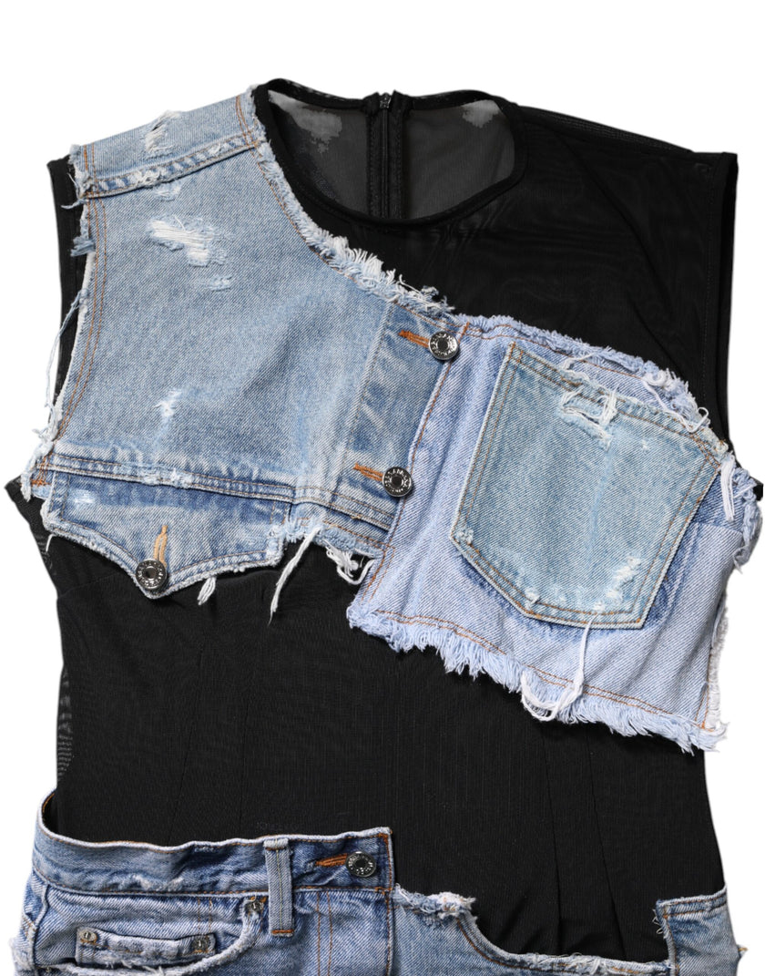 Dolce & Gabbana Black Blue Sleeveless Denim Mini Dress