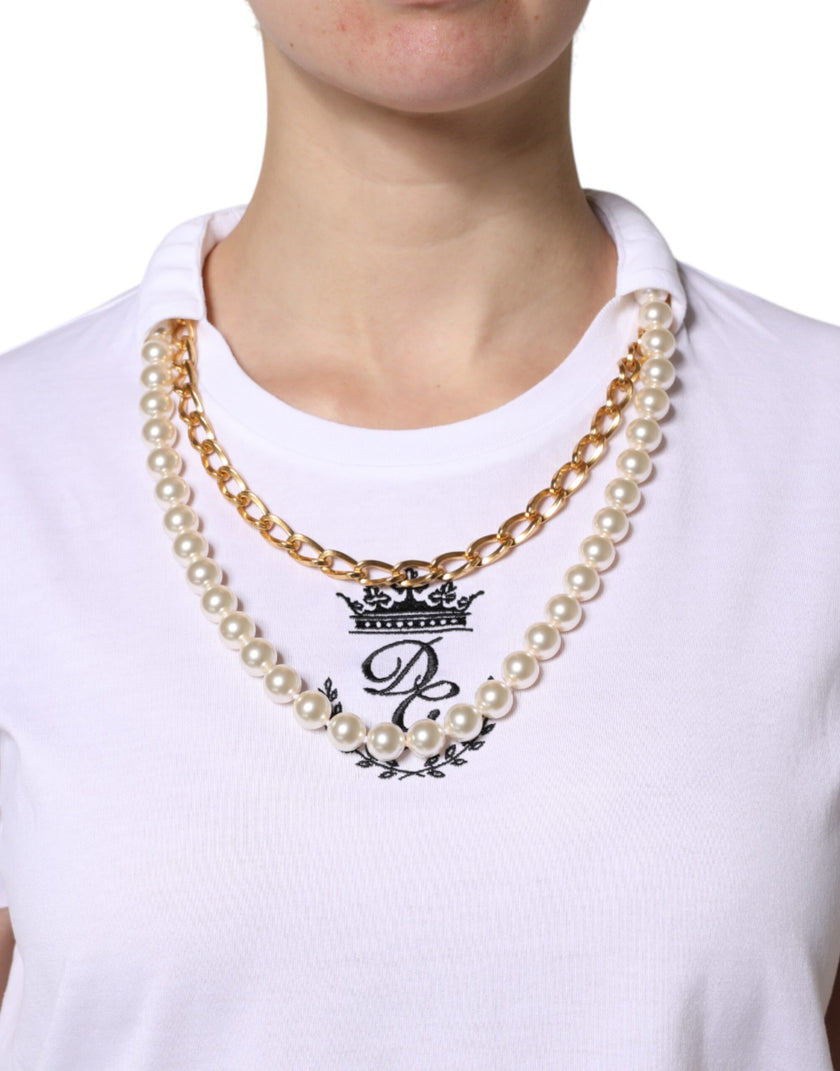 Dolce & Gabbana White Chain Pearl Cotton Round Neck T-shirt