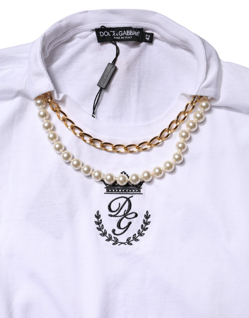 Dolce & Gabbana White Chain Pearl Cotton Round Neck T-shirt