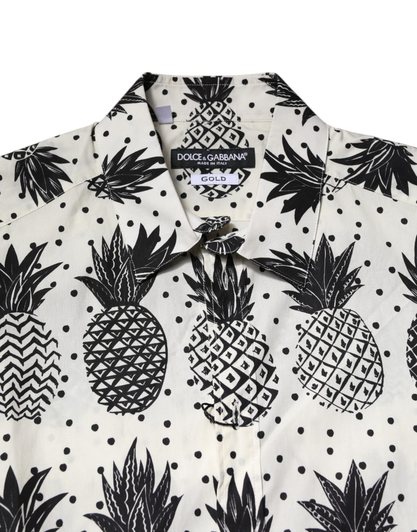 Dolce & Gabbana White Pineapple Print Long Sleeve GOLD Shirt