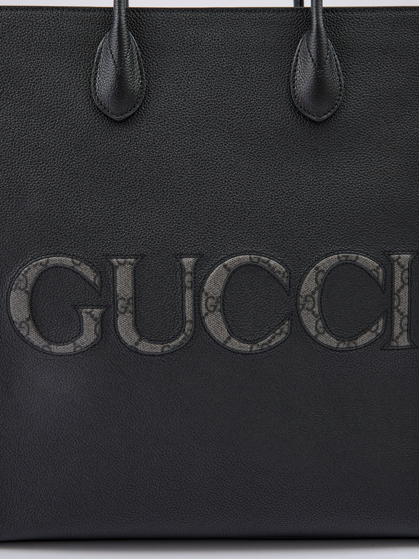 Gucci Black Leather Logo Medium Tote Bag