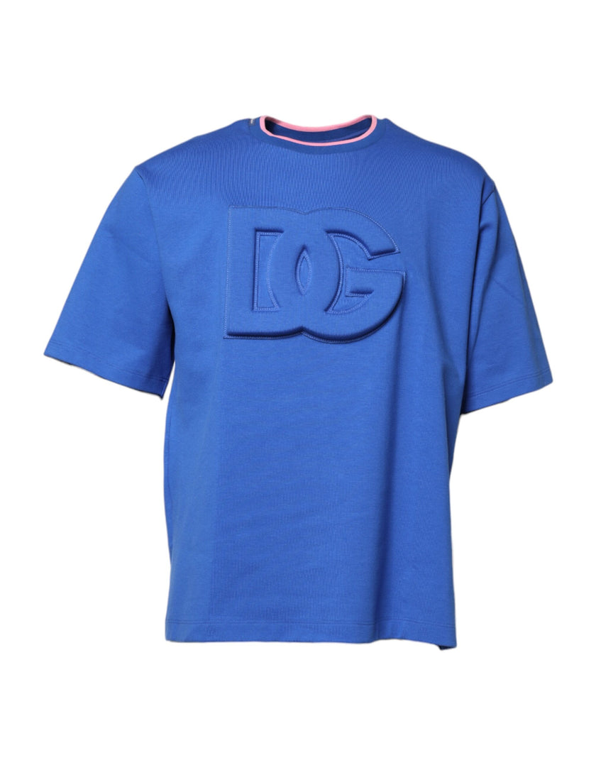 Dolce & Gabbana Blue Cotton DG Embossed Crew Neck T-shirt