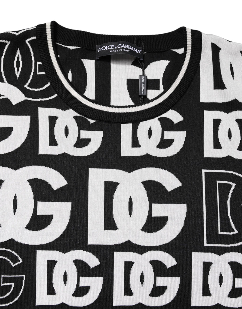Dolce & Gabbana Black White Silk Knit DG Print T-shirt