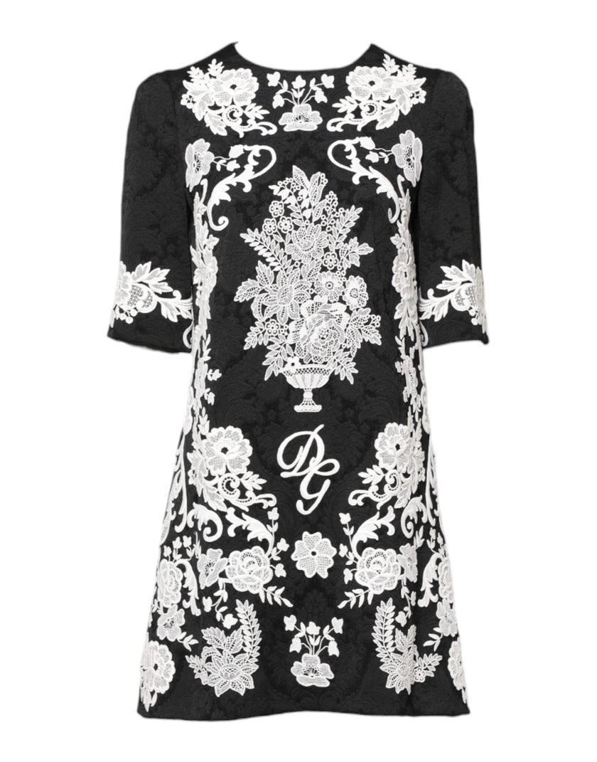 Dolce & Gabbana Black Floral Lace Short Sleeves Mini Dress