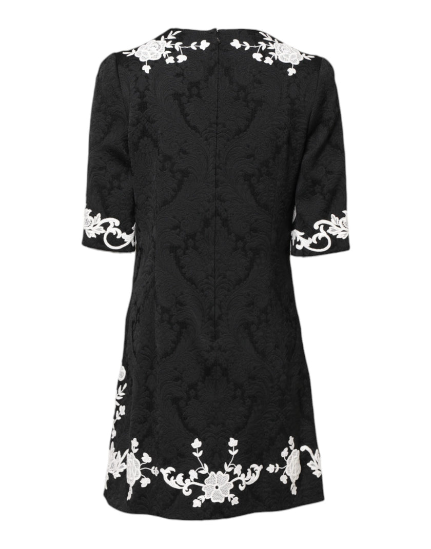 Dolce & Gabbana Black Floral Lace Short Sleeves Mini Dress