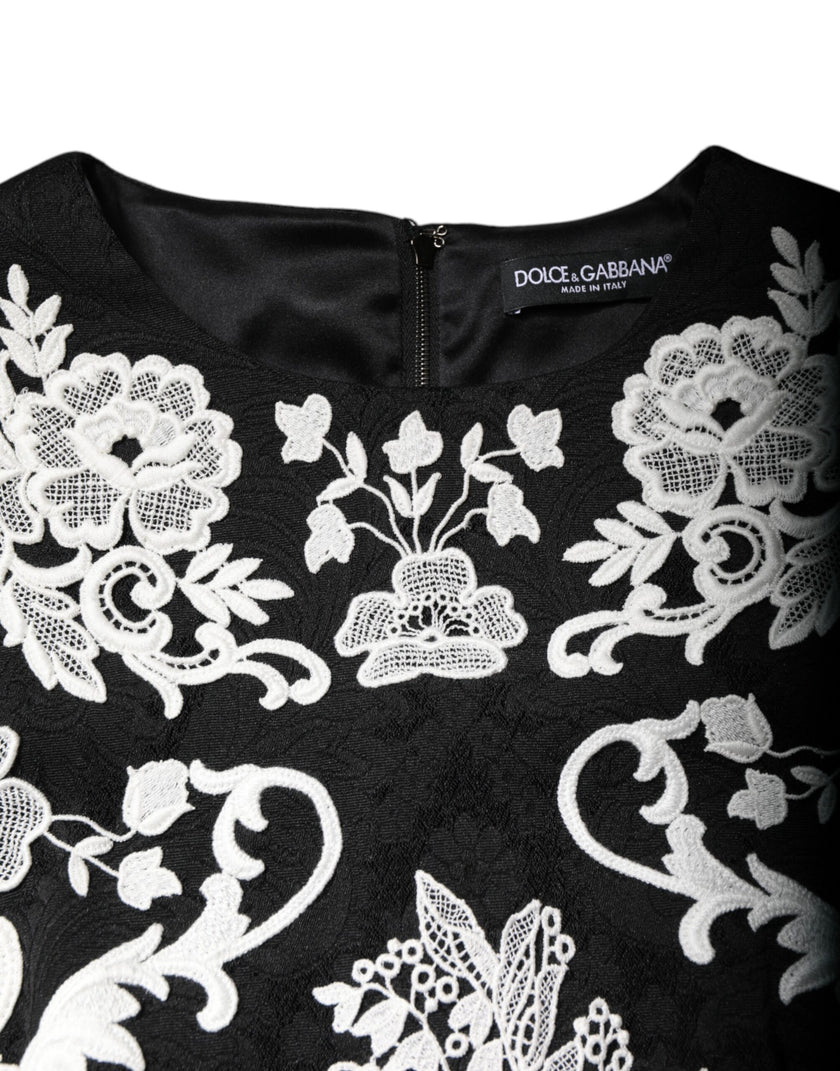 Dolce & Gabbana Black Floral Lace Short Sleeves Mini Dress