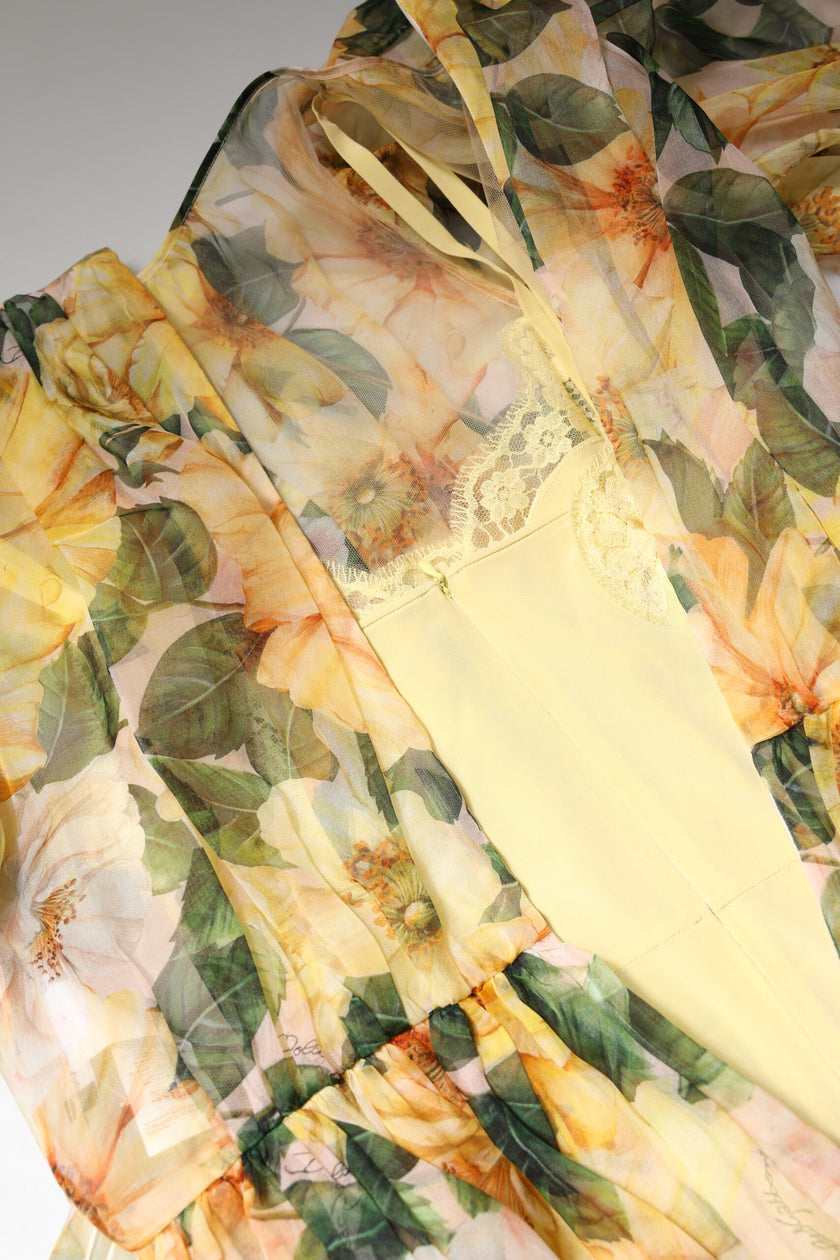 Dolce & Gabbana Yellow Floral Print Long Sleeves Maxi Dress
