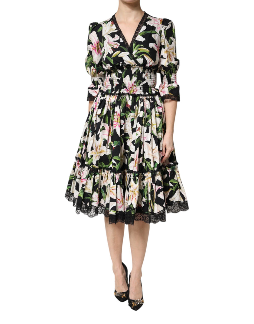 Dolce & Gabbana Black Lily Cotton V-neck A-line Midi Dress