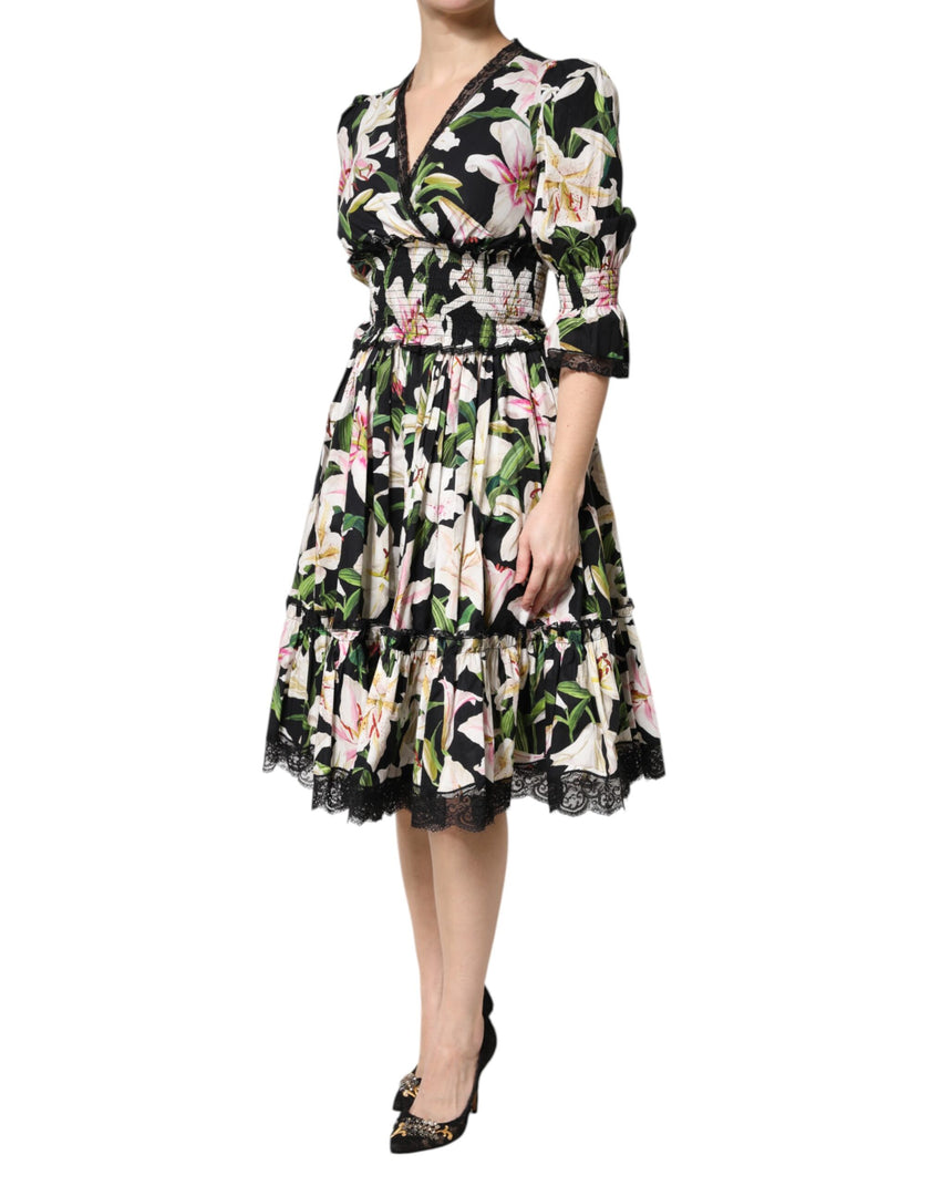 Dolce & Gabbana Black Lily Cotton V-neck A-line Midi Dress