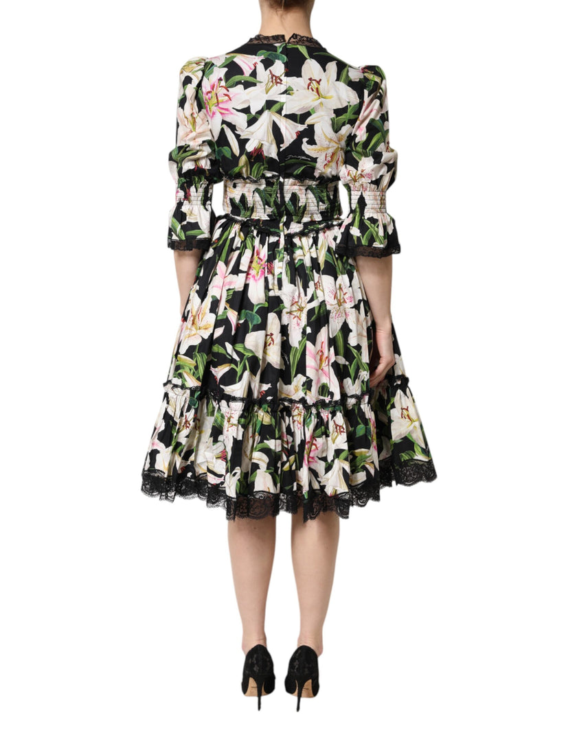 Dolce & Gabbana Black Lily Cotton V-neck A-line Midi Dress