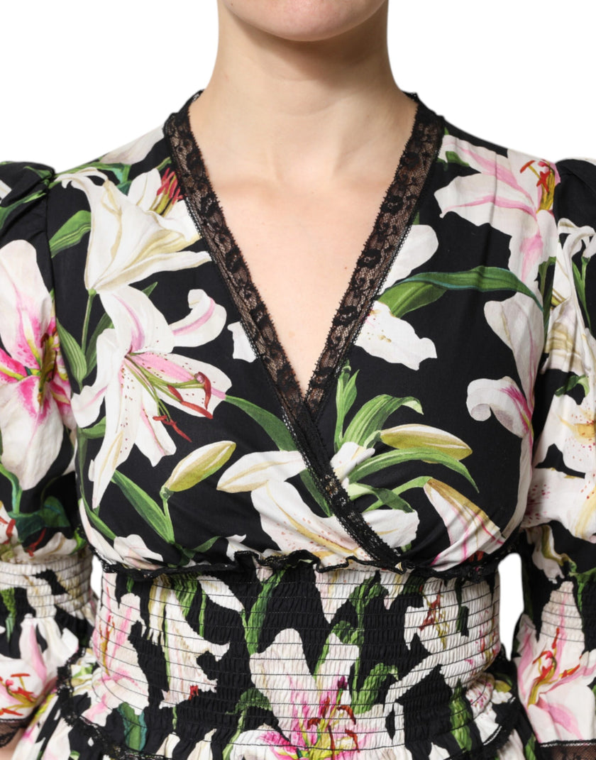 Dolce & Gabbana Black Lily Cotton V-neck A-line Midi Dress