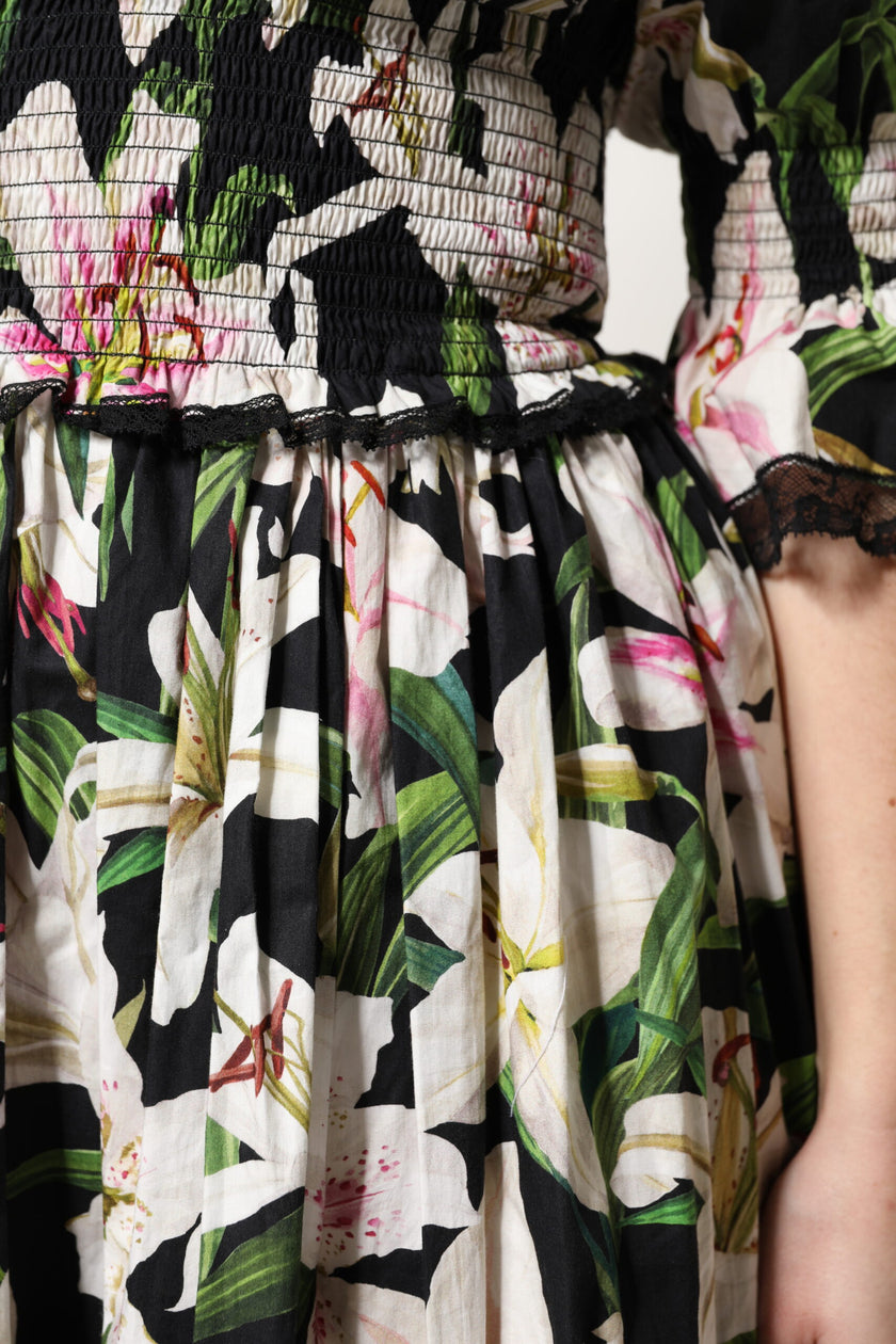 Dolce & Gabbana Black Lily Cotton V-neck A-line Midi Dress