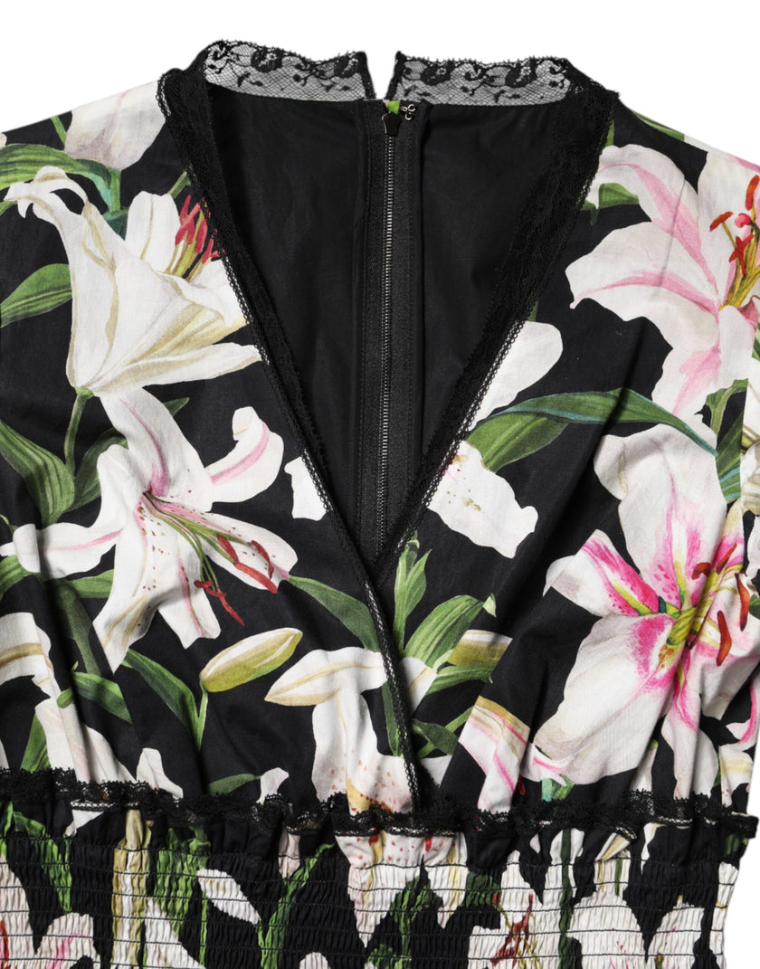 Dolce & Gabbana Black Lily Cotton V-neck A-line Midi Dress